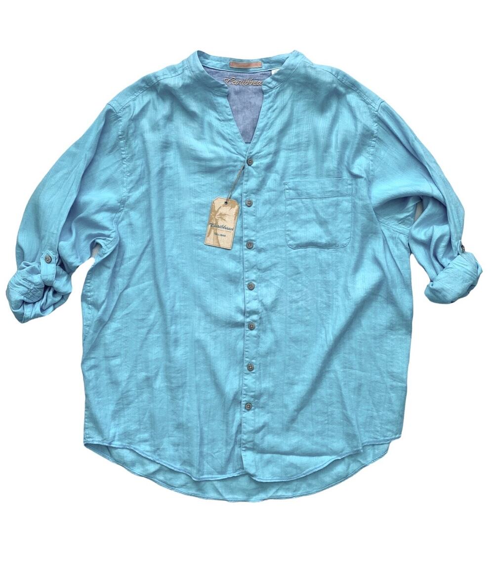 Caribbean Blue Linen & Rayon Tonal Stripe Long Sleeve Mandarin Collar Shirt 2XB